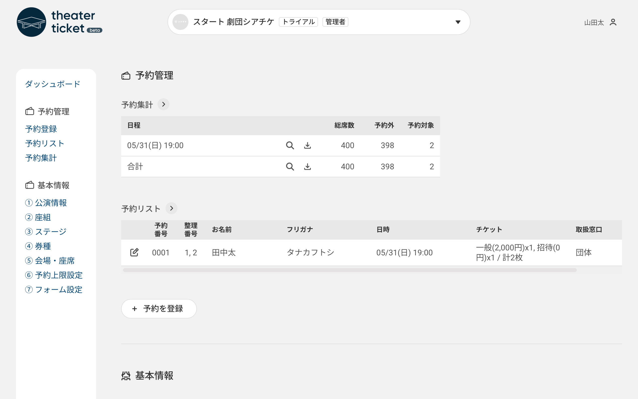 予約管理・ダッシュボードの画面（v1.0）